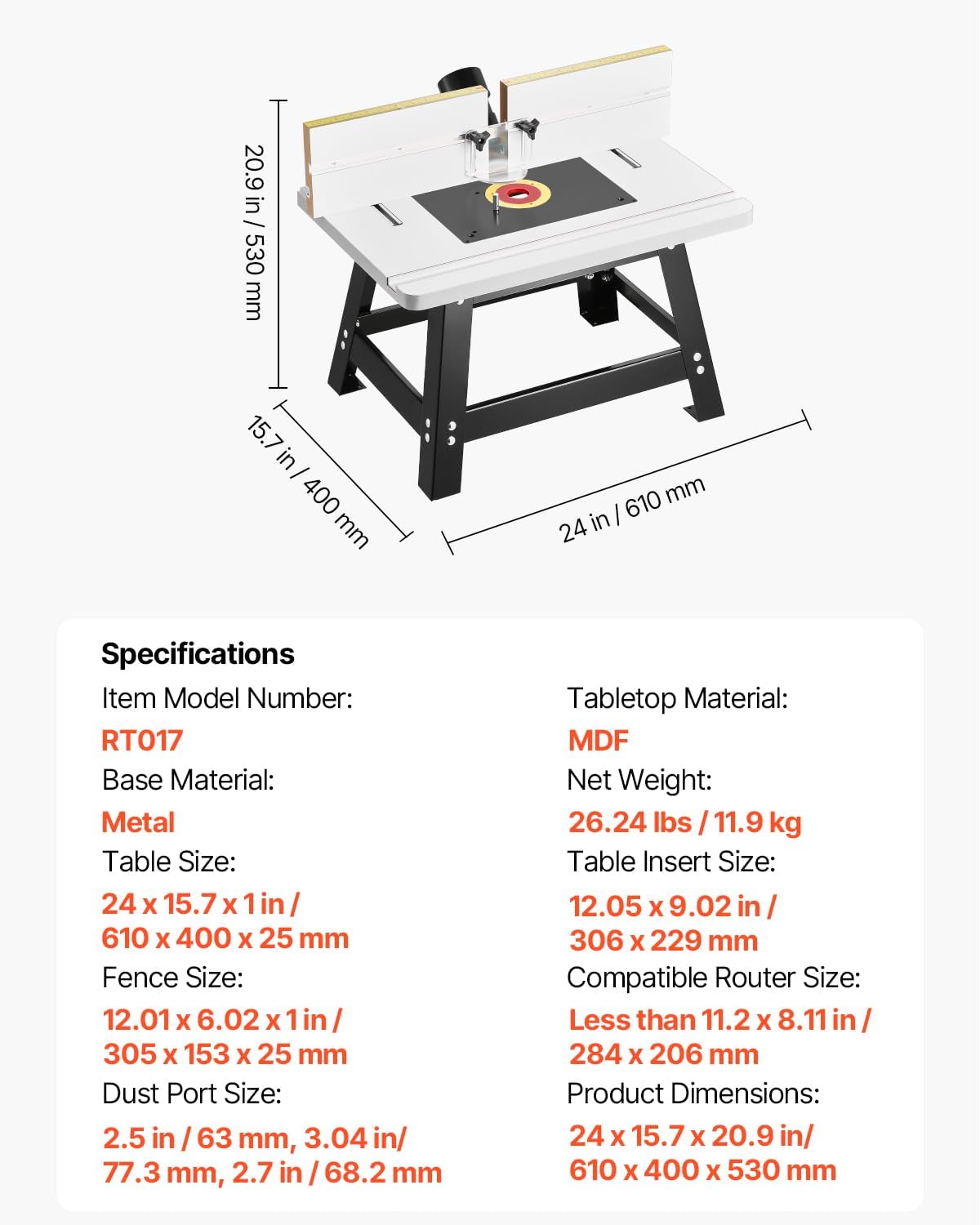 VEVOR Benchtop Router Table, 24 in x 15.7 in, Bench Top Routing Table with Adjustable Fence, MDF Top, Sturdy Metal Base, 2-1/2 in Dust Collection Port, Compatible with Routes & Various Drill Bits