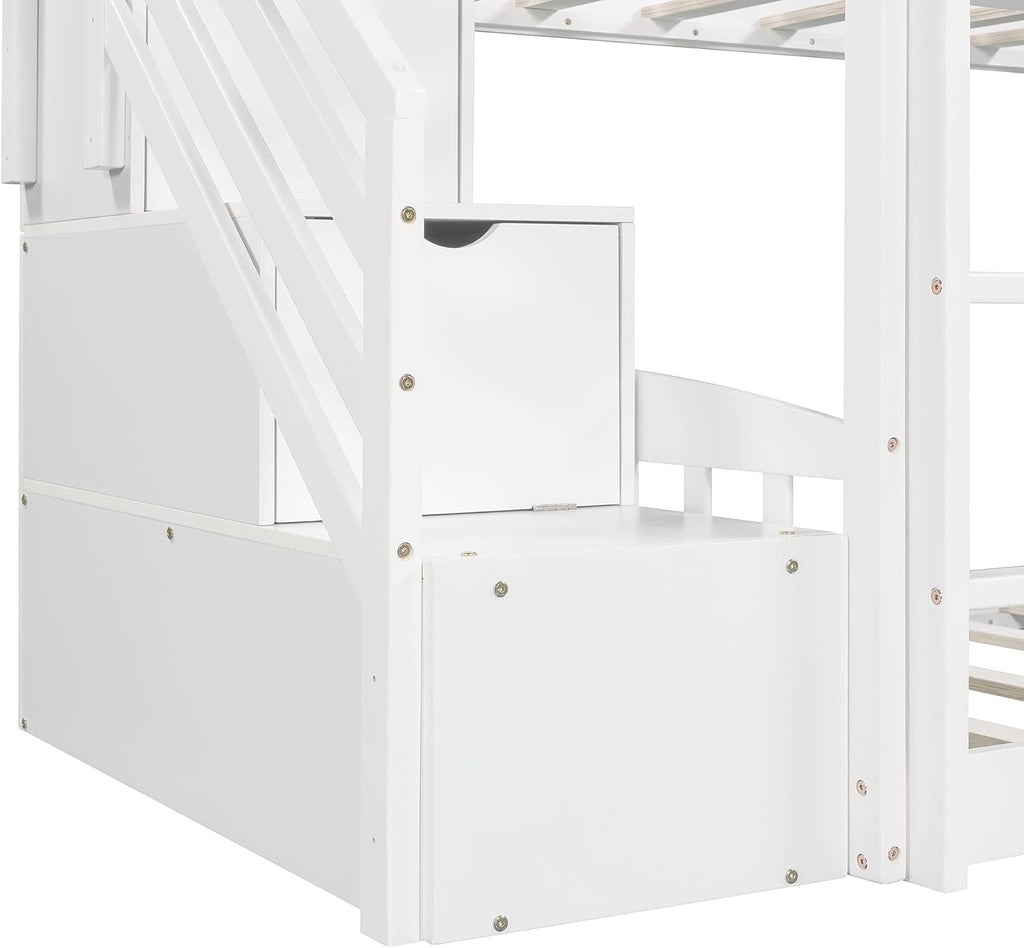 KLMM Twin Over Twin Bunk Bed for Kids Toddlers, House Bunk Bed Farm with Storage Steps and Slide Ladder Roof Guardrail for Girls/Boys, No Spring Box Required (White-Wood)