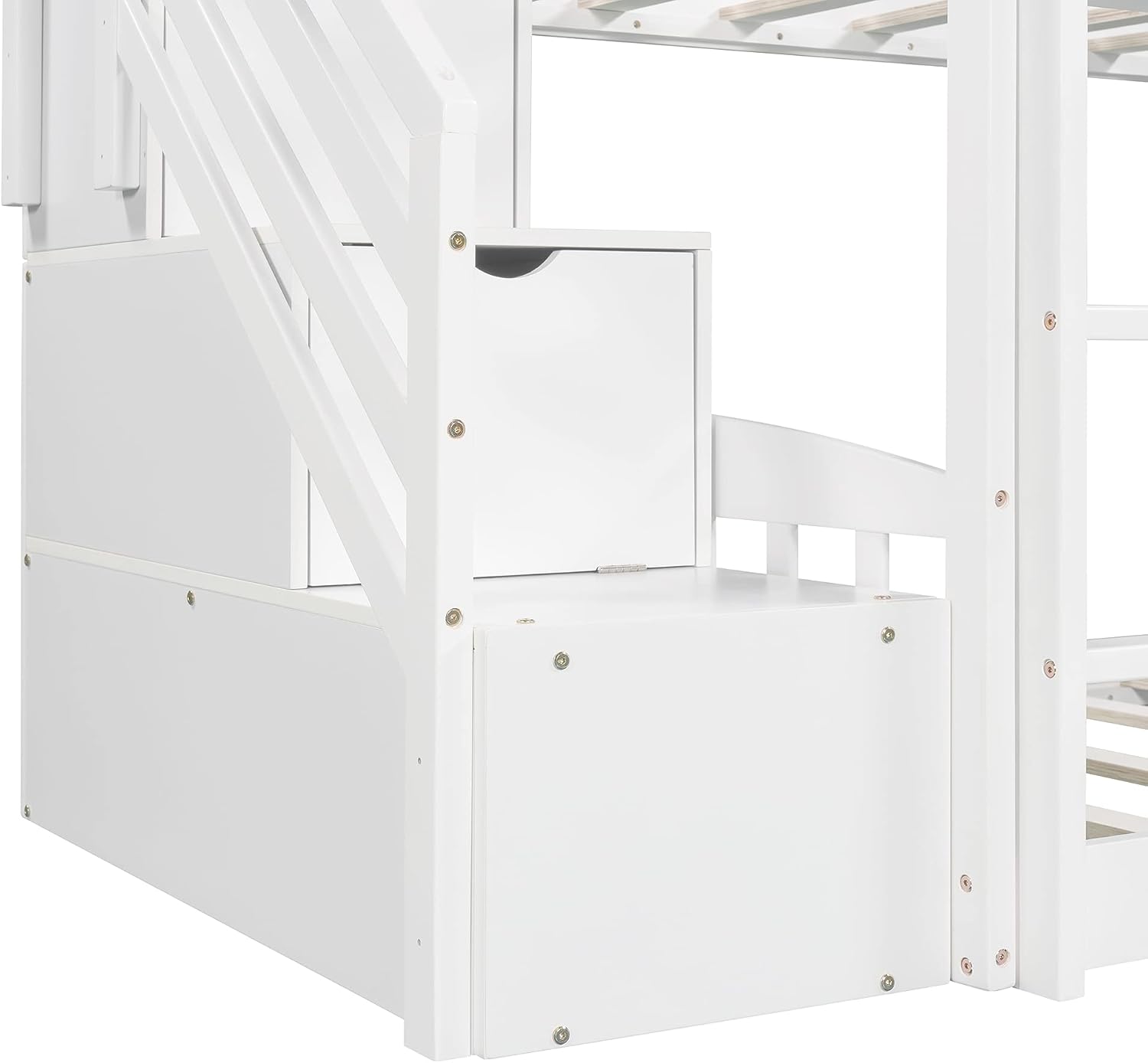 KLMM Twin Over Twin Bunk Bed for Kids Toddlers, House Bunk Bed Farm with Storage Steps and Slide Ladder Roof Guardrail for Girls/Boys, No Spring Box Required (White-Wood)