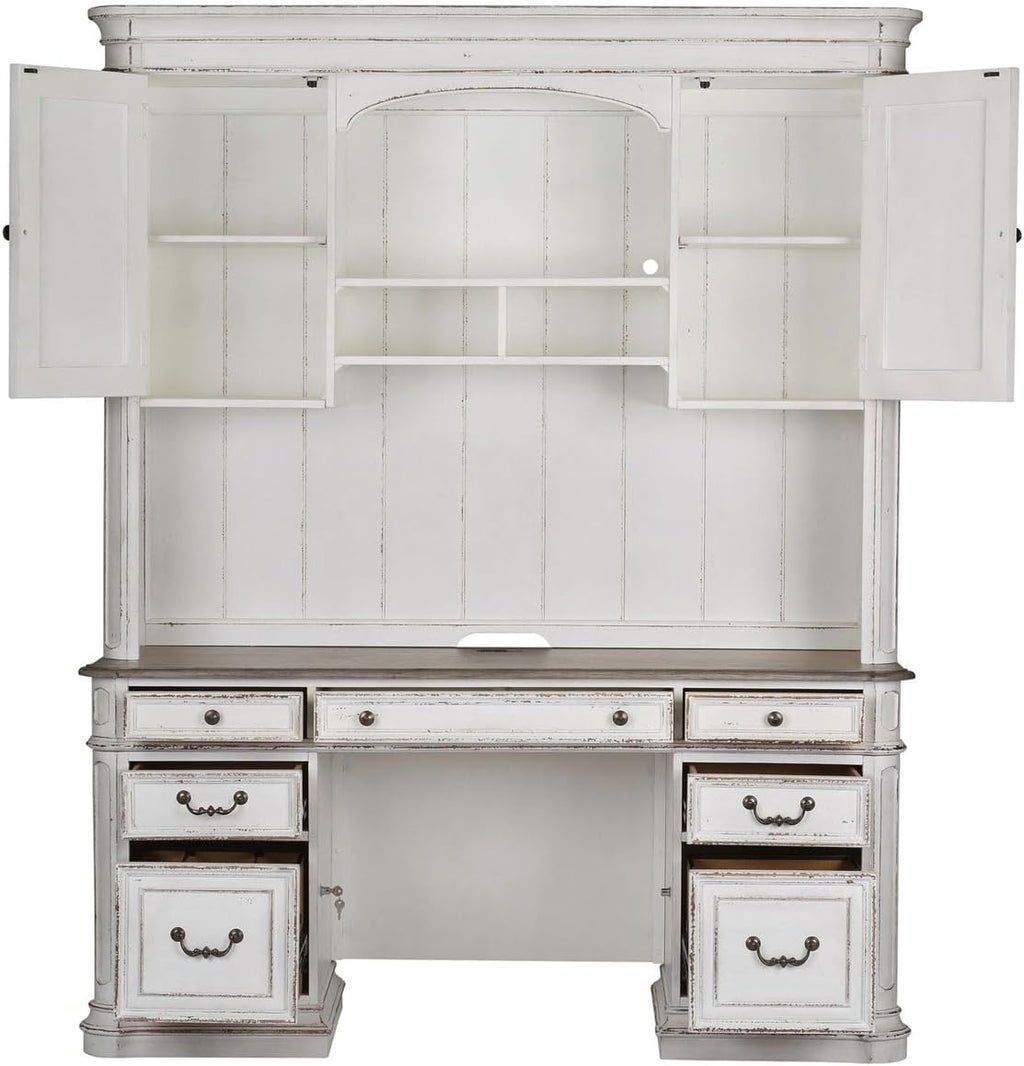Liberty Furniture Magnolia Manor Credenza Desk & Hutch for Home Office - Antique White & Weathered Bark