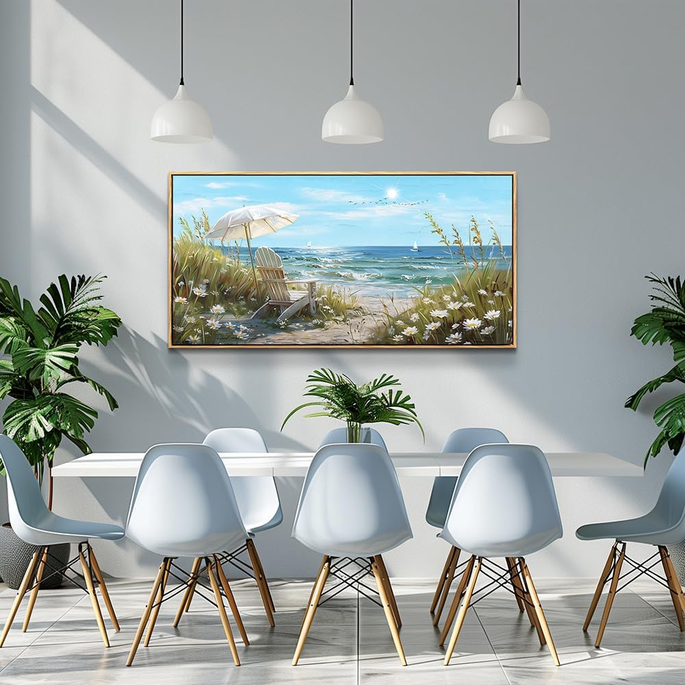 ERQINHUA Large Wall Art For Living Room Canvas Wall Decor For Bedroom Office Decoration Blue Sea Ocean Paintings Beach Chair Wall Pictures Artworks Modern Home Decor Aesthetics 24x48 In Wood Framed