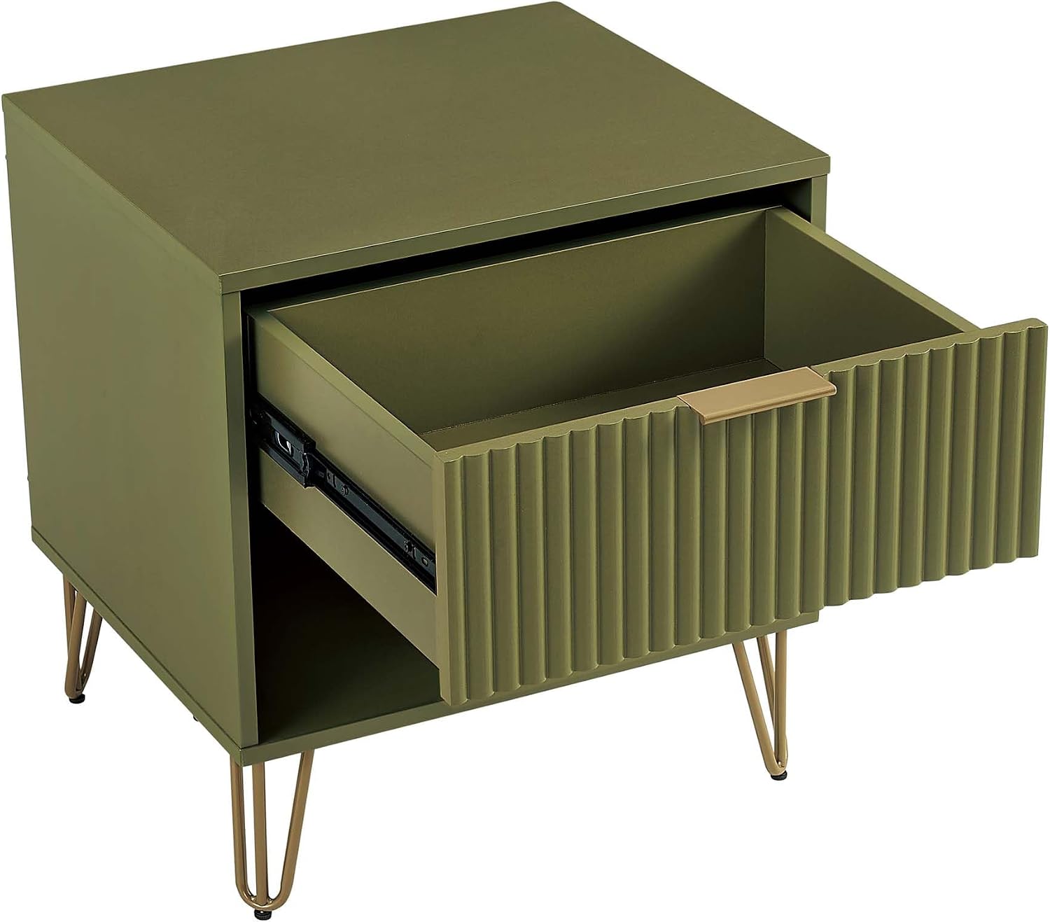 Manhattan Comfort DUMBO 2 Piece Modern Set, 3 Drawer Dresser, 1 Drawer Nightstand with Fluted Ribbed Front, Gold Metal Legs, No Tool Assembly, Storage Cabinet for Bedroom or Living Room in Olive Green