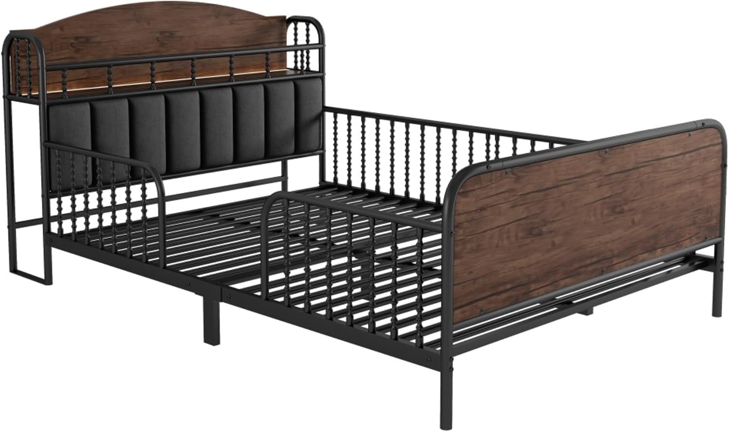 Modern Upholstered Platform Bed Frame with App Controlled LED Lights Storage Headboard Full Length Guardrails Low Profile Design Metal Structure for Bedroom (Black,Full)