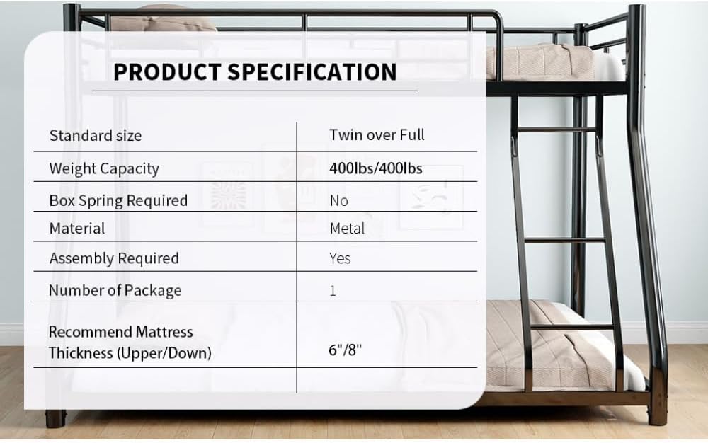 Twin Over Full Metal Bunk Bed, with Ladder & Full-Length Guardrail for Teens Adults, Noise Free (Black + Metal + Twin)