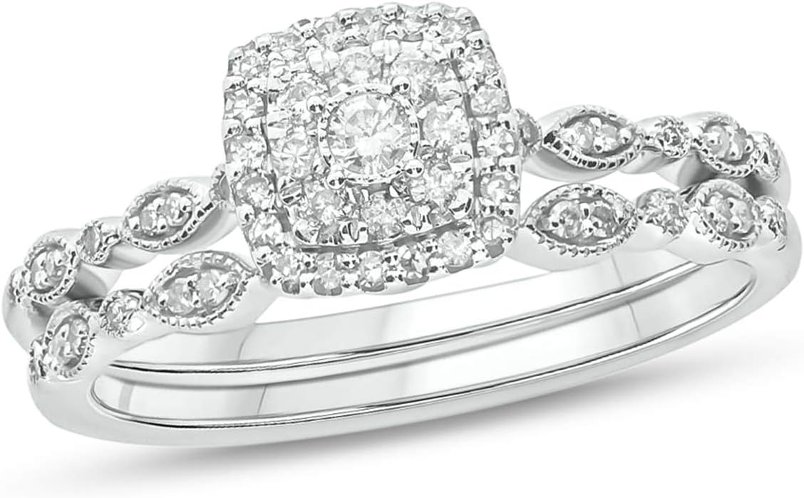Cali Trove Halo 1/4 Ct Natural Diamonds Engagement Ring with Round Center and Matching Band | 925 Sterling Silver Rings | Bridal Set for Women | Sparkling Wedding Jewelry Style | Elegant Gift for Her