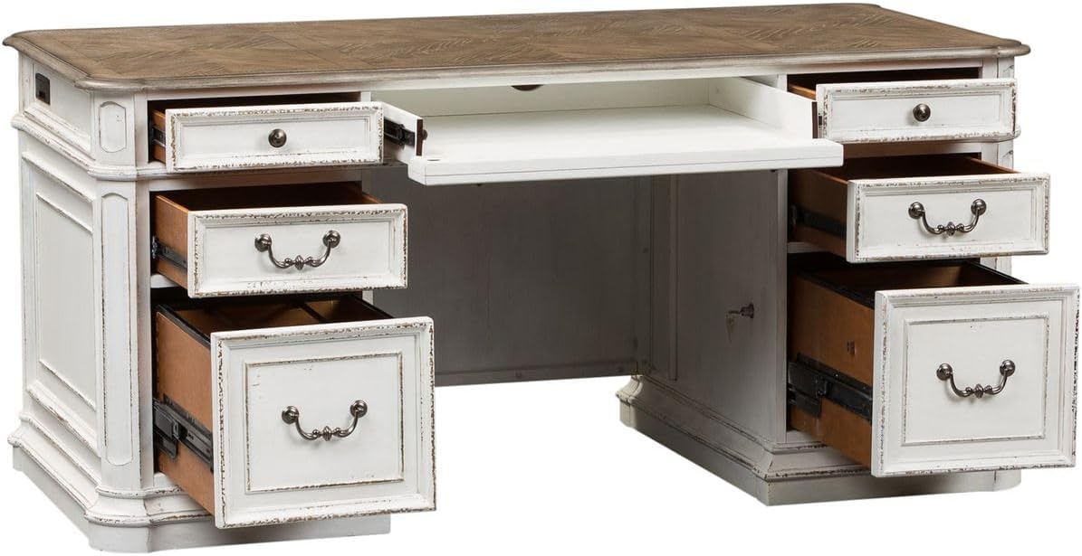 Liberty Furniture Magnolia Manor Complete 5 Piece Desk Set for Home Office - Antique White & Weathered Bark