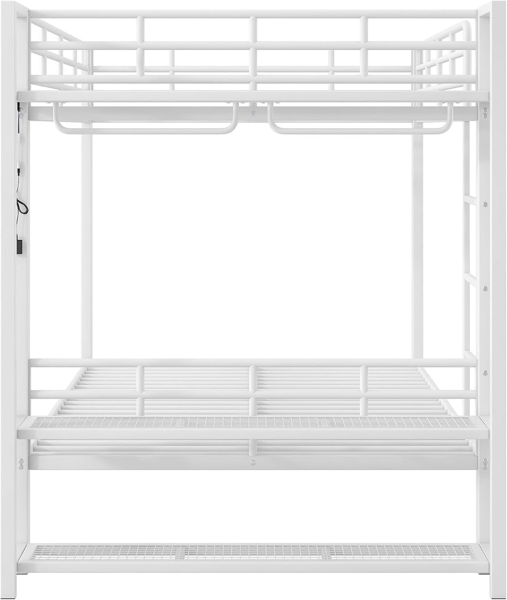 Metal Bunk Bed with Storage Mesh Shelves and Clothes Hooks, Open Storage Shelves, Full Size Bunk Bed with Full-length Reinforced Guardrails for Teens and Adults, No Box Spring Needed (White//96)