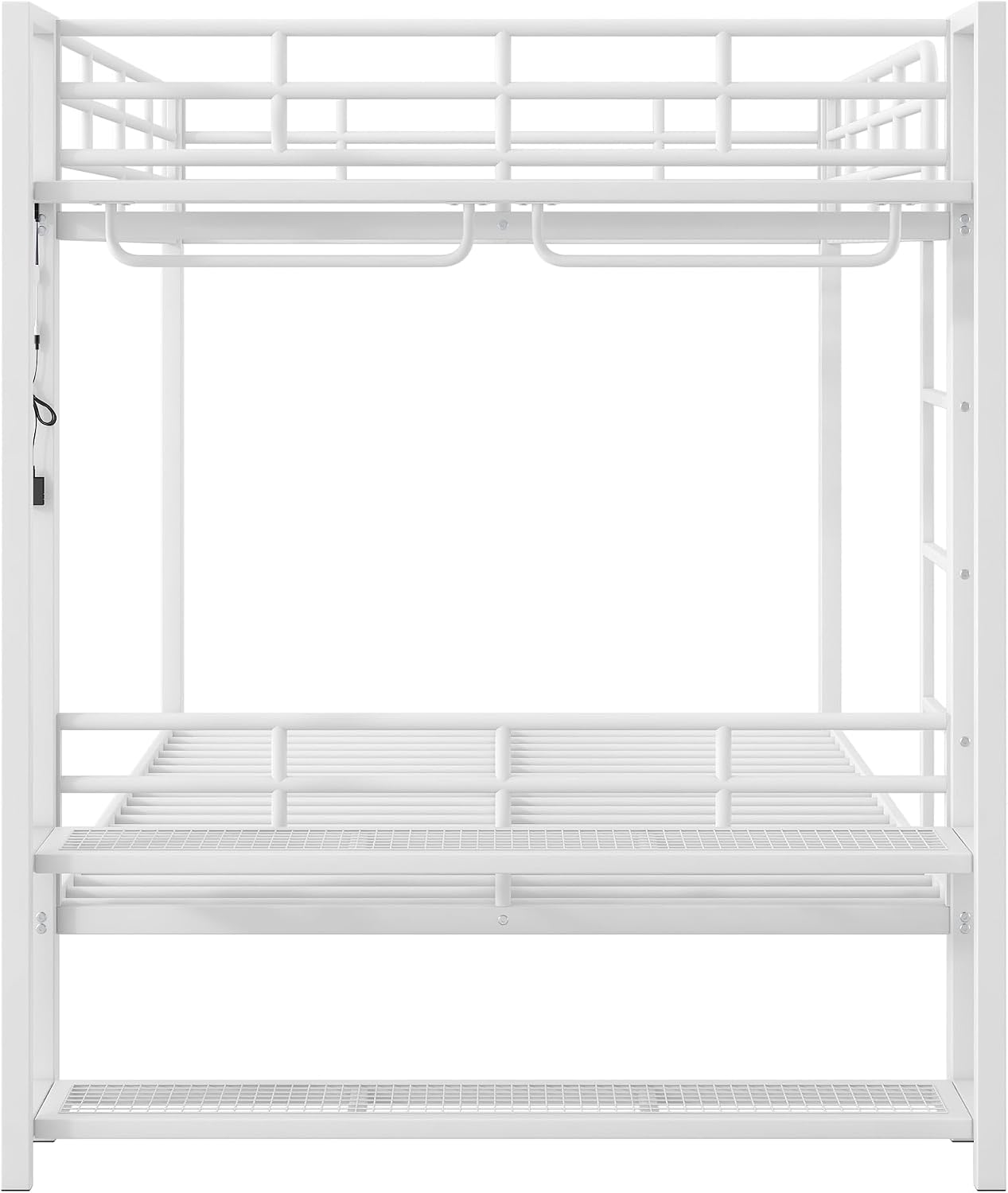 Metal Bunk Bed with Storage Mesh Shelves and Clothes Hooks, Open Storage Shelves, Full Size Bunk Bed with Full-length Reinforced Guardrails for Teens and Adults, No Box Spring Needed (White//96)