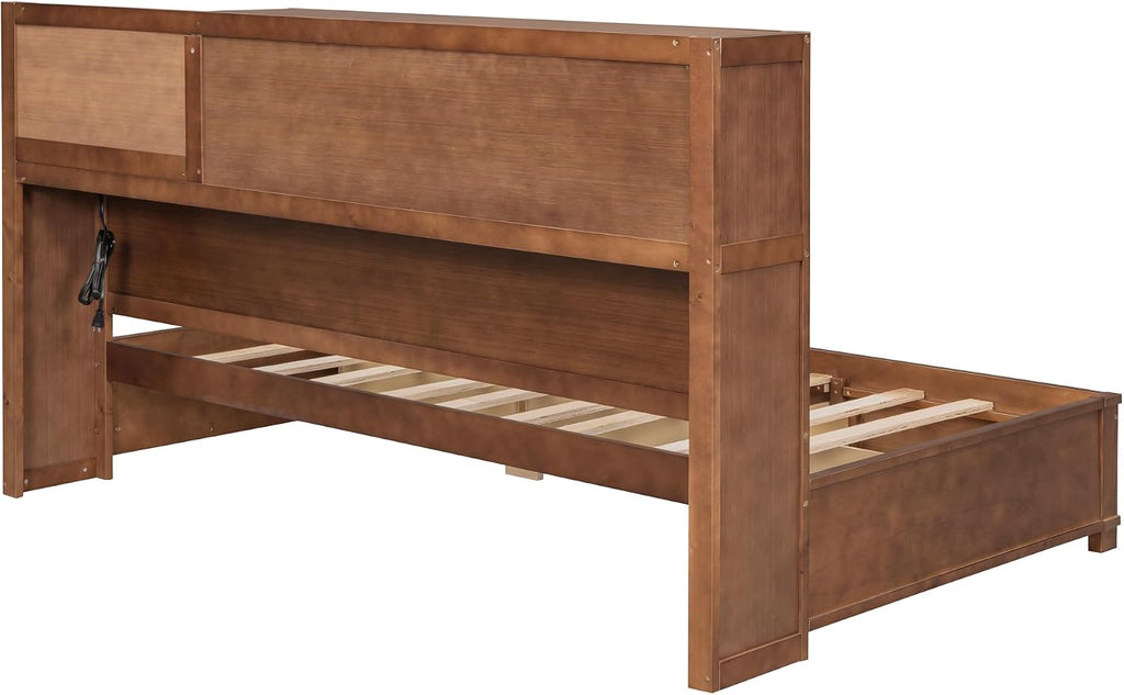 Twin Size Wooden Daybed with 3 Storage Drawers and Shelf, Multi-Functional Sofa Bed Frame with Upper Soft Board, USB Ports and A Set of Sockets for Kids Teens Adults (Brown-OP43)