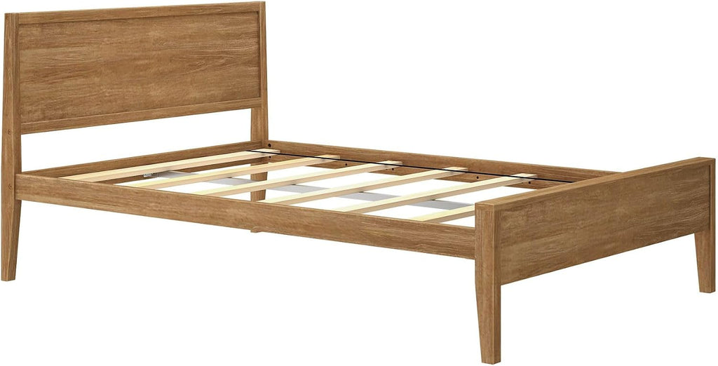 Plank+Beam Solid Wood Full Bed Frame with Panel Headboard, Modern Full Platform Bed with Wood Slat Support, No Box Spring Needed, Pecan