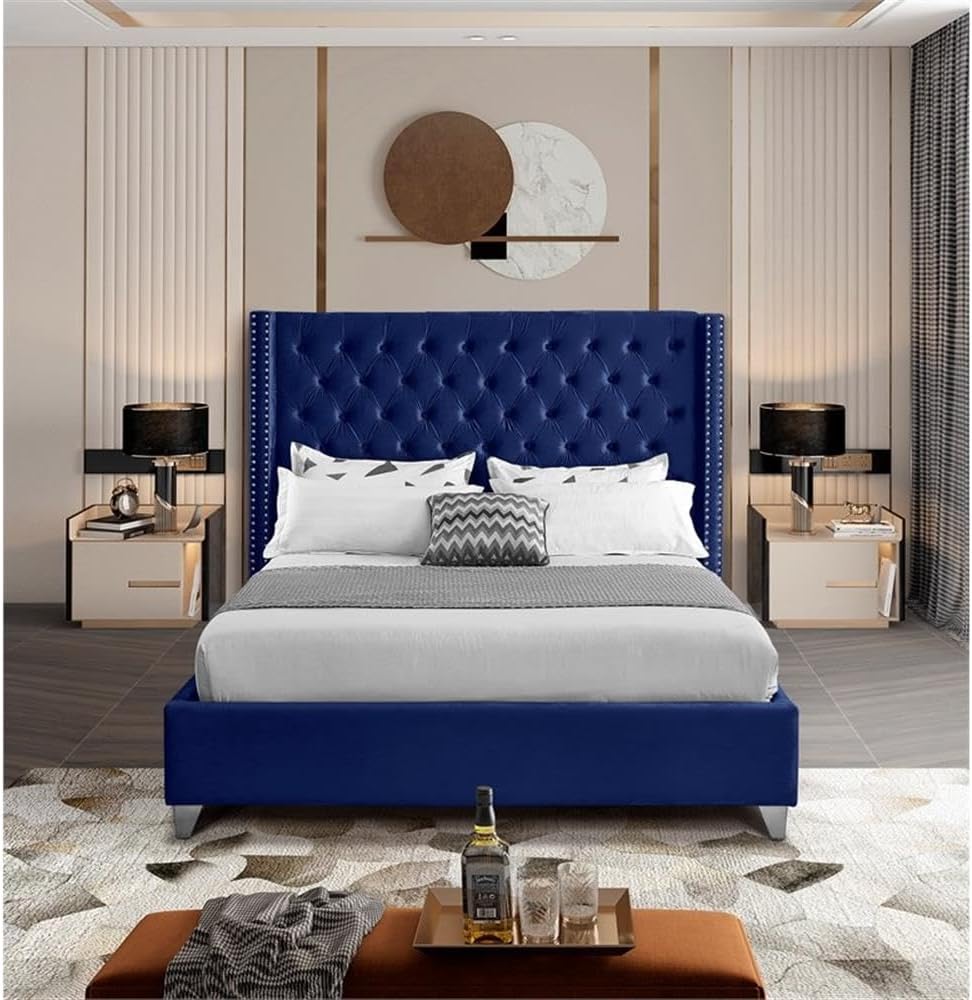 Meridian Furniture Aiden Collection AidenNavy-K Modern | Contemporary Velvet Upholstered Bed with Deep Button Tufting, Solid Wood Frame, and Custom Chrome Legs, King, Navy, 88' W x 86' D x 56' H
