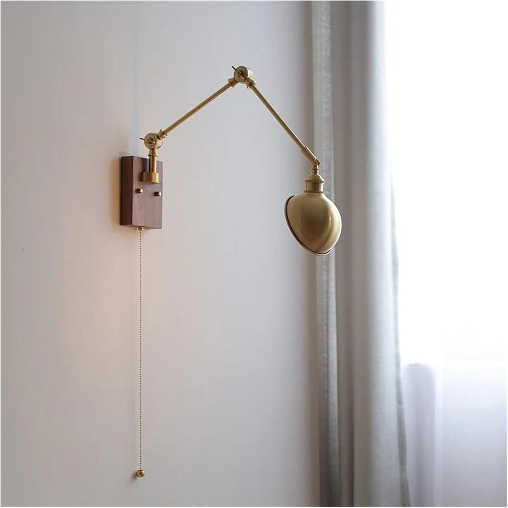 Wall Sconces, Pull Chain Switch LED Wall Light Fixtures Copper Long Arm Walnut Home Indoor Lighting Nordic Modern Wandlamp Luminaria(B)