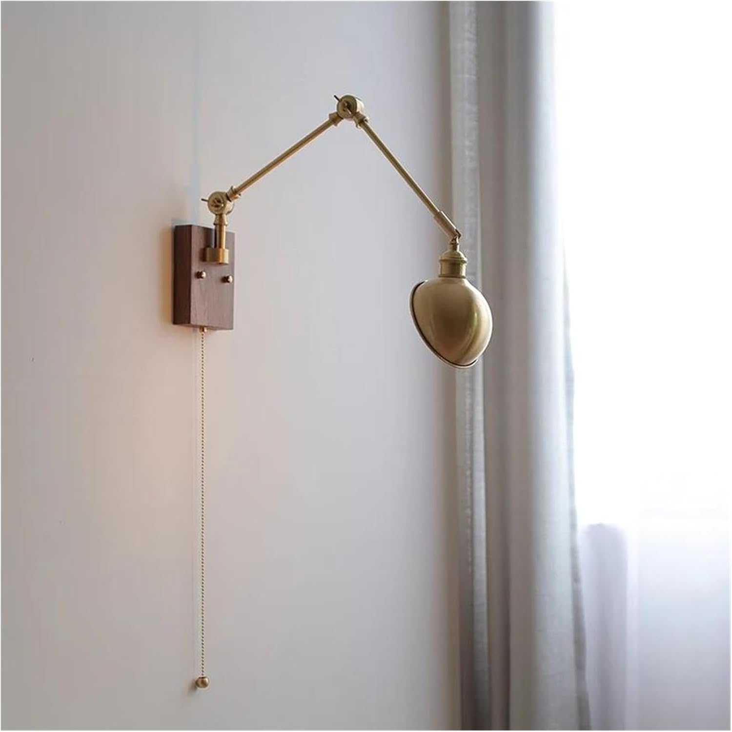Wall Sconces, Pull Chain Switch LED Wall Light Fixtures Copper Long Arm Walnut Home Indoor Lighting Nordic Modern Wandlamp Luminaria(B)