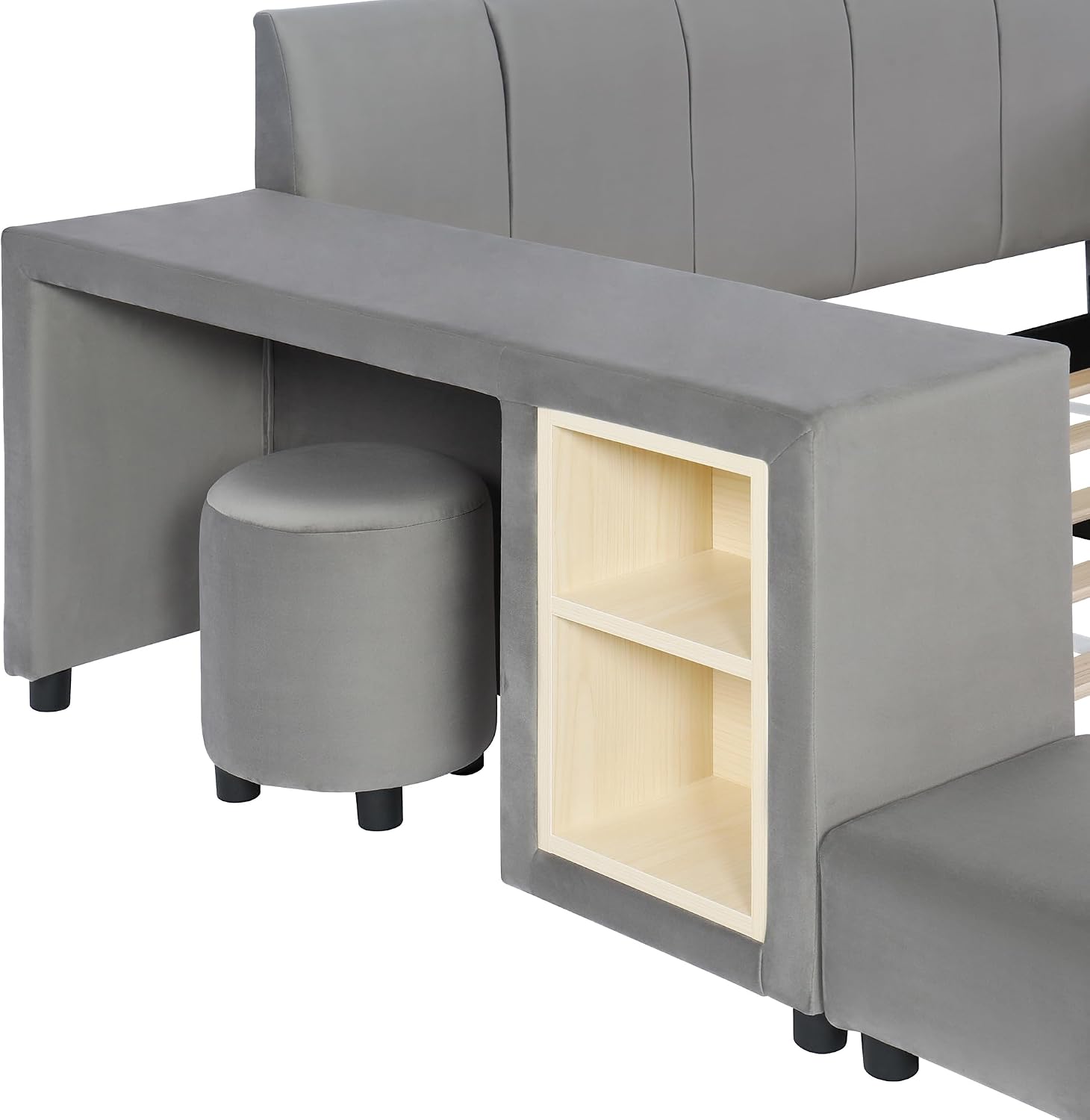 Upholstered Grounded Bed, Full Size Mother & Child Bed with Bedside Desk and Little Round Stool, Velvet Fabric, No Box Spring Needed (Gray, Full)