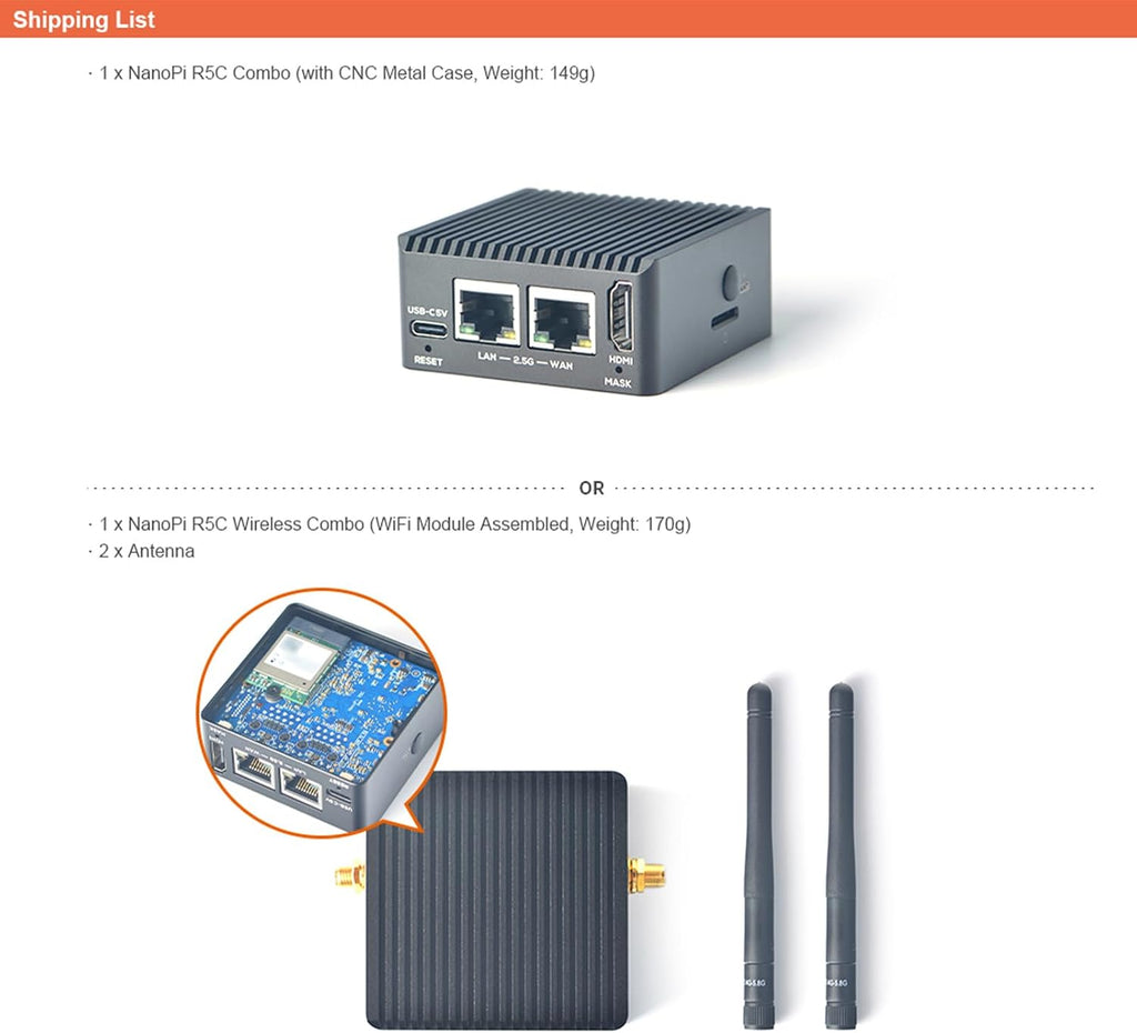 NanoPi R5C Wireless Mini OpenWrt WiFi Router, with Rockchip RK3568B2 0.8T NPU 4GB LPDDR4X RAM 64GB eMMC Flash, HDMI Dual 2.5GbE, for IoT NAS Smart Home Gateway, Support Linux Debian Android OpenClaw
