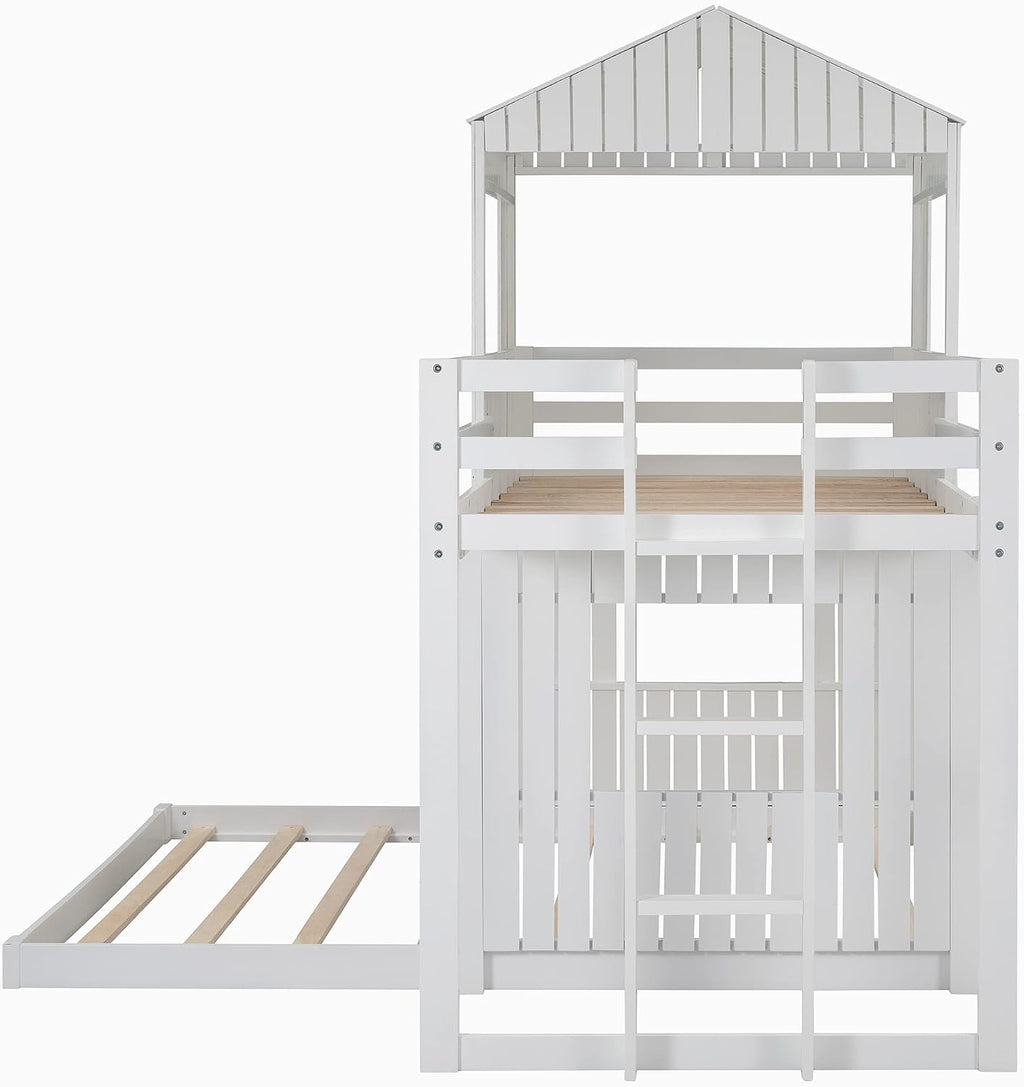 Twin Over Full Bunk Beds for Kids Toddlers, Wooden Play Farm House Bunk Bed with Roof Window Guardrail Ladder, for Girls Boys, No Spring Box Required (White-BUNK Bed-Twin-Full-4)