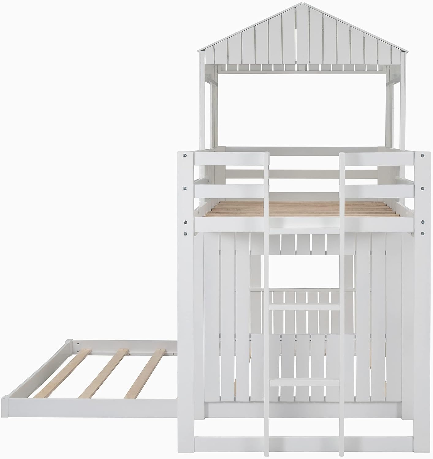 Twin Over Full Bunk Beds for Kids Toddlers, Wooden Play Farm House Bunk Bed with Roof Window Guardrail Ladder, for Girls Boys, No Spring Box Required (White-BUNK Bed-Twin-Full-4)