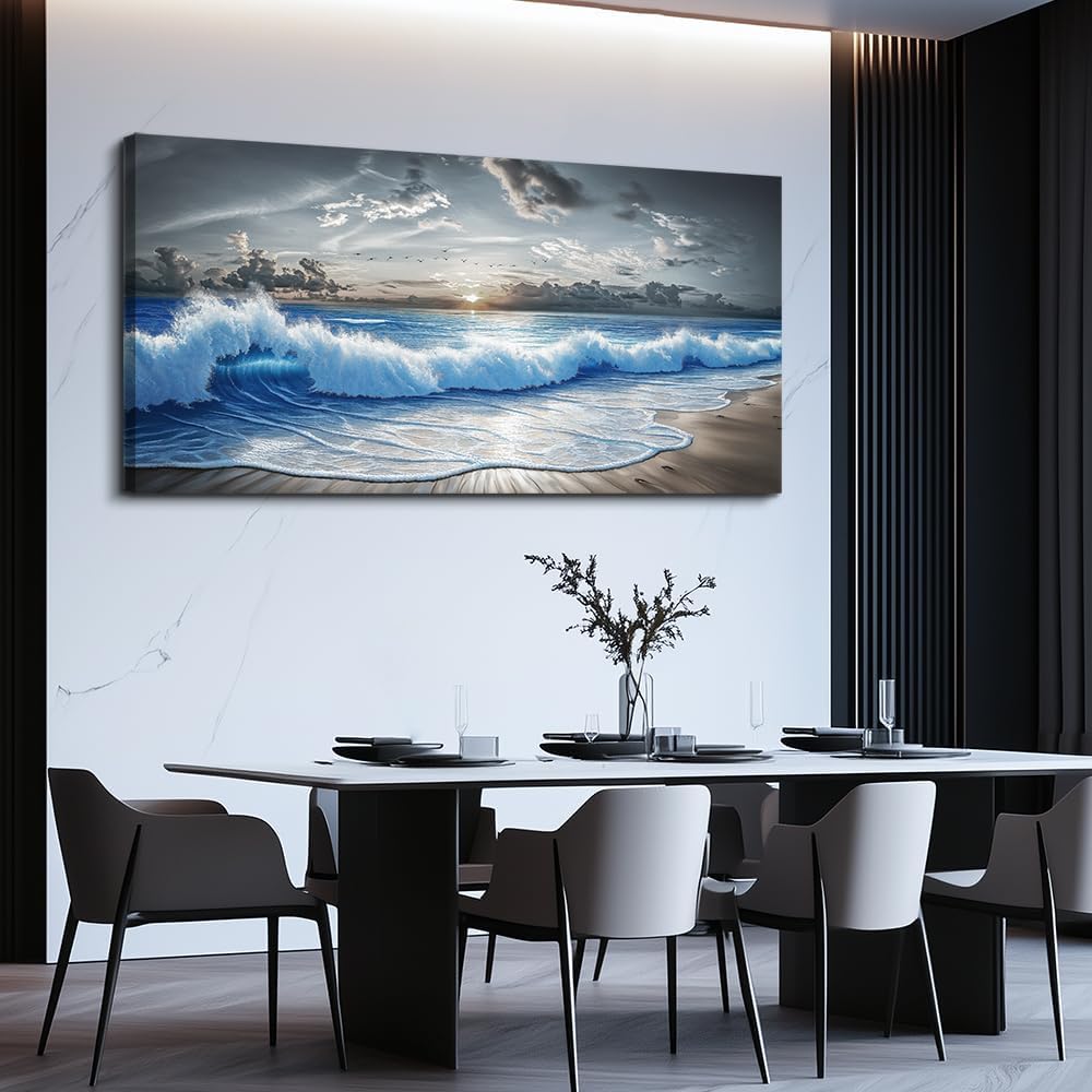 PHAOHUAXM Large Canvas Printed Artworks Mural Wall Decor For Living Room Wall Art For Bedroom Office Decor Black White And Blue Ocean Wave Landscape Painting Modern Home Decor Ready To Hang 30'X60'