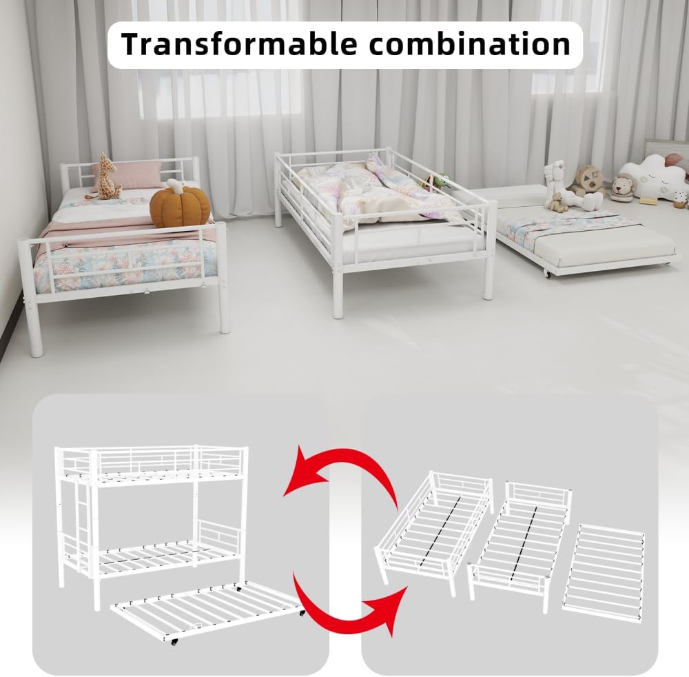 Twin Over Full Metal Bunk Bed, with Ladder & Full-Length Guardrail for Teens Adults, Noise Free (White + Metal + Twin)