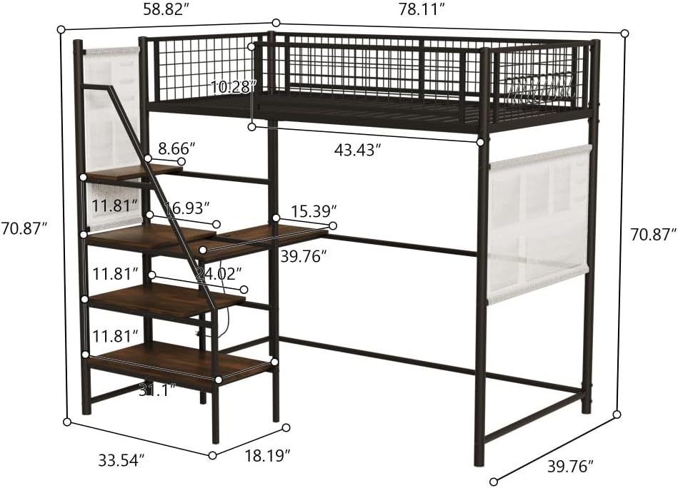 Twin Sized loft Metal Bed with Black for Bedroom and Dormitory, with Built-in Charging Station and LED Lighting (Black + Metal & Wood + Bedroom)