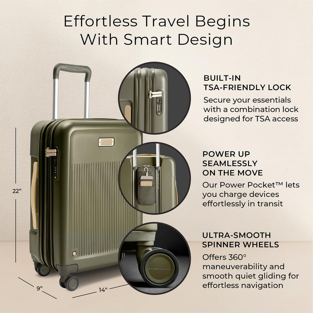 Briggs & Riley Essential 22' Carry On Expandable Spinner - Luggage for Travel, Suitcases with Wheels, Hardside Rolling Bag for Men & Women, Self-Repairing Zipper - Sympatico Collection, Olive