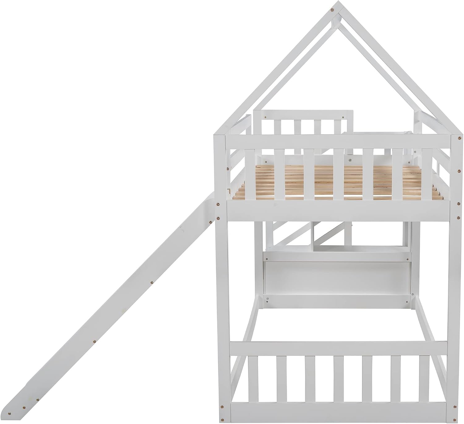 Twin Over Twin Bunk Bed with Slide for Kids Toddlers, House Bunk Bed Farm with Storage Steps and Roof Guardrail for Girls/Boys, No Spring Box Required (White-Storage Steps#2)