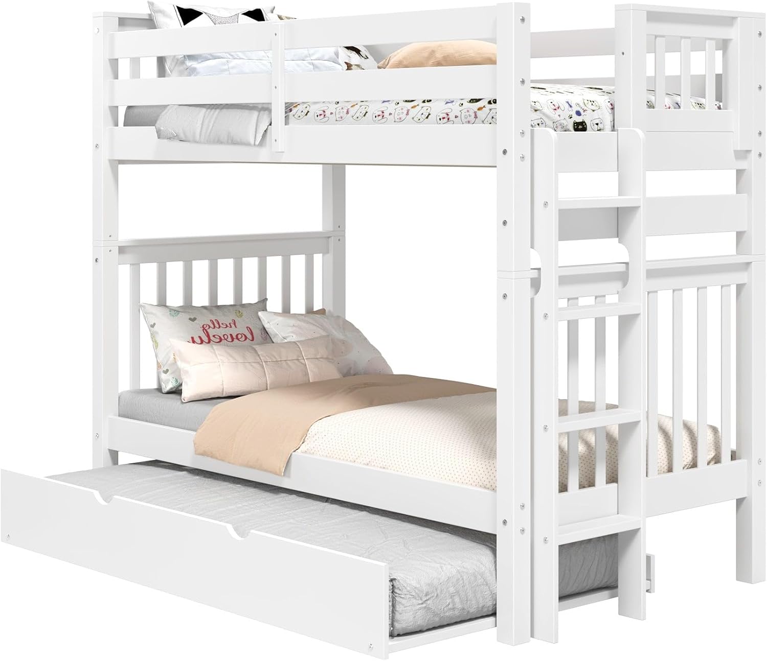 Bedz King Tall Bunk Beds Twin Over Twin Mission Style, End Ladder, Twin Trundle, White