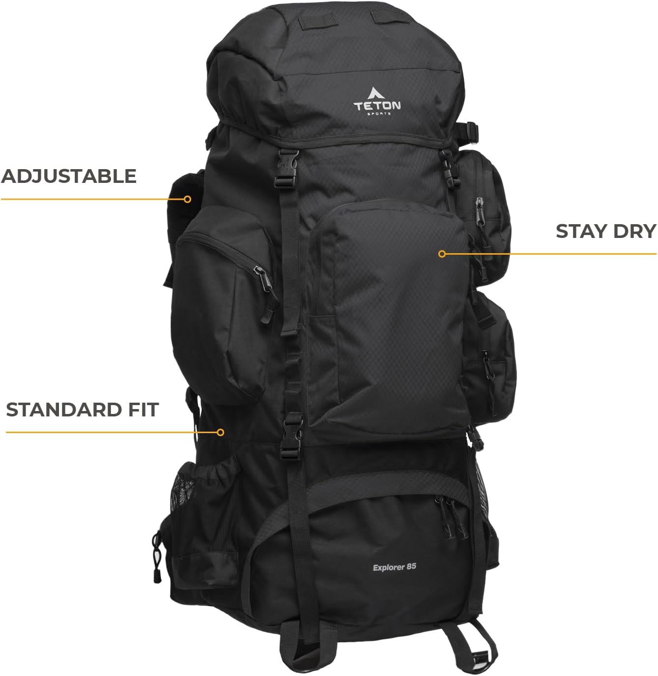 Teton 85L Explorer Internal Frame Backpack for Hiking, Camping, Backpacking, Rain Cover Included, Black