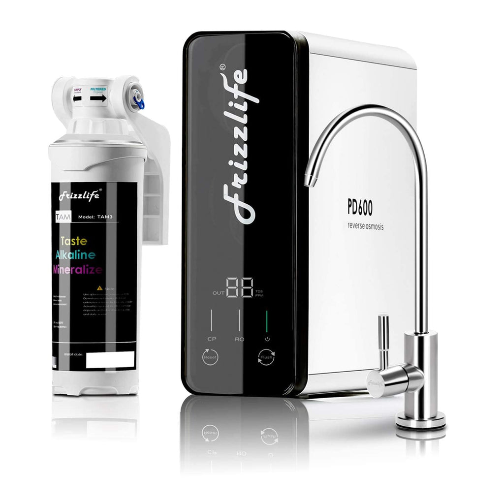Frizzlife Reverse Osmosis Water Filter - Alkaline Mineral pH+, NSF/ASNI 58&53&42&372 Standard, 600GPD Tankless RO Reverse Osmosis System, Under Sink, 2:1 Pure to Drain, Reduce FPAS/PFOA, PD600-TAM3
