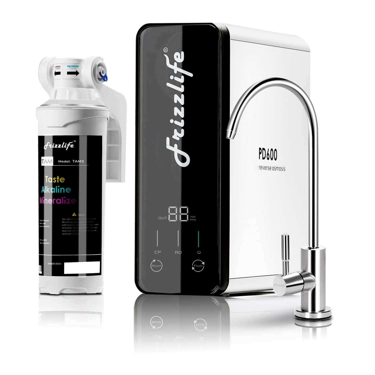 Frizzlife Reverse Osmosis Water Filter - Alkaline Mineral pH+, NSF/ASNI 58&53&42&372 Standard, 600GPD Tankless RO Reverse Osmosis System, Under Sink, 2:1 Pure to Drain, Reduce FPAS/PFOA, PD600-TAM3