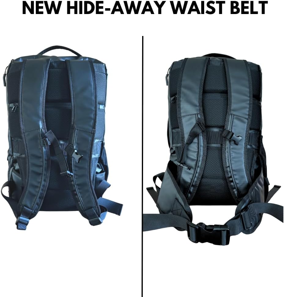 COR Surf Travel Backpack Carry On Backpack for Airplanes - Island Hopper 2.0 Travel Backpack with Clamshell Design | Black with Green Zipper (34L Matte Black)