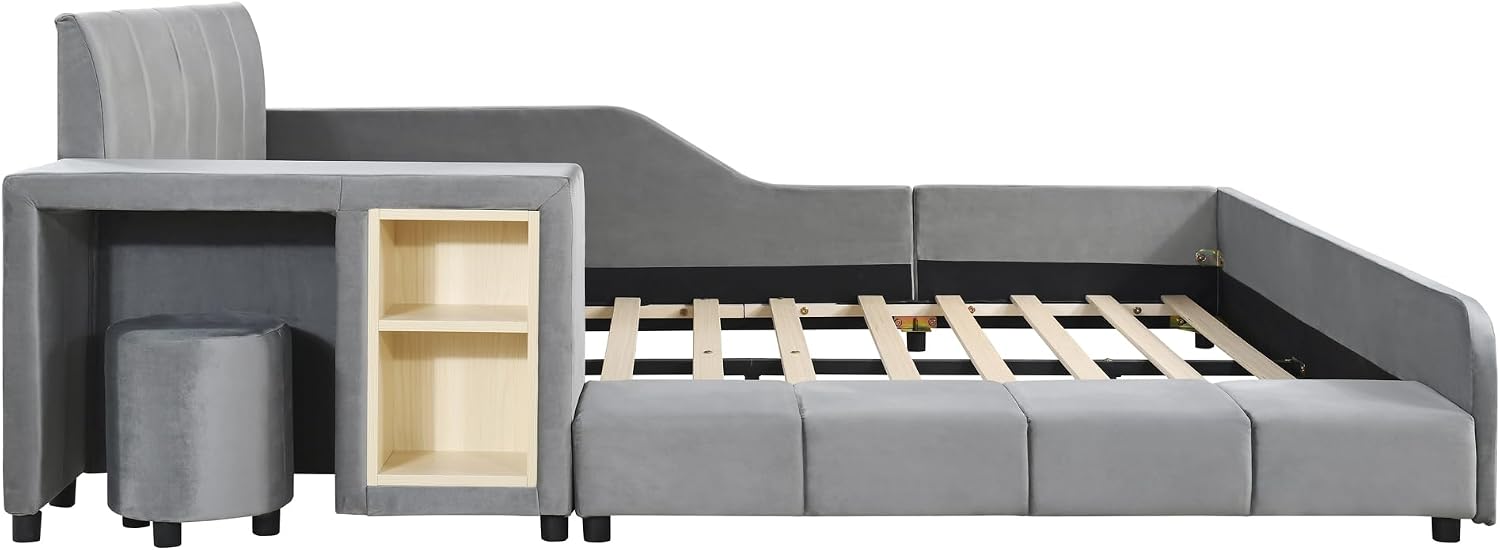 Full Size Upholstered Grounded Bed, Mother & Child Bed with Bedside Desk and Little Round Stool (Gray)