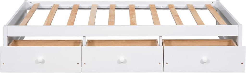 Bellemave Twin Platform Bed Frame with 3 Storage Drawers, Wood Twin Size Bed with Support Slats, Twin Bed Frame for Kids,Teens,Adults No Box Spring Needed (White)