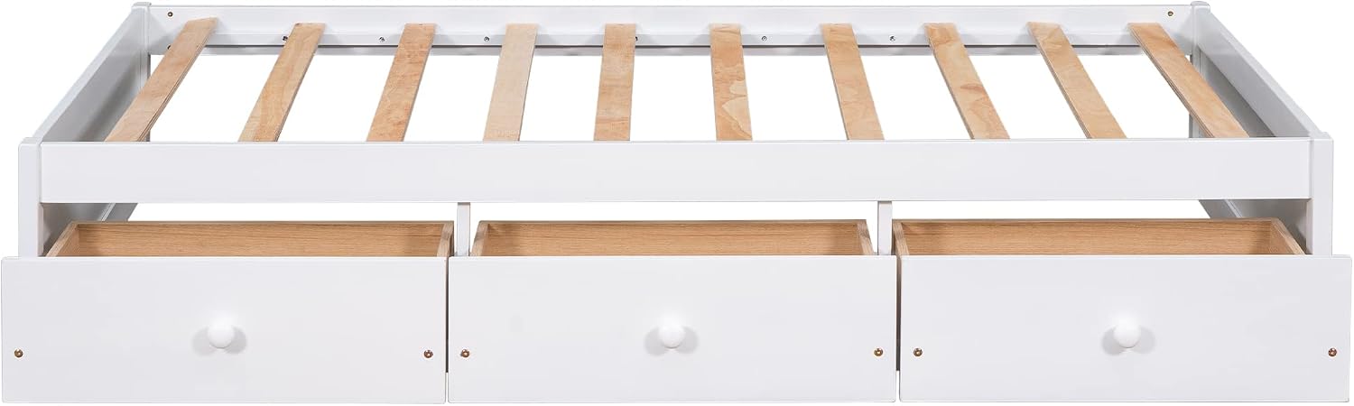Bellemave Twin Platform Bed Frame with 3 Storage Drawers, Wood Twin Size Bed with Support Slats, Twin Bed Frame for Kids,Teens,Adults No Box Spring Needed (White)