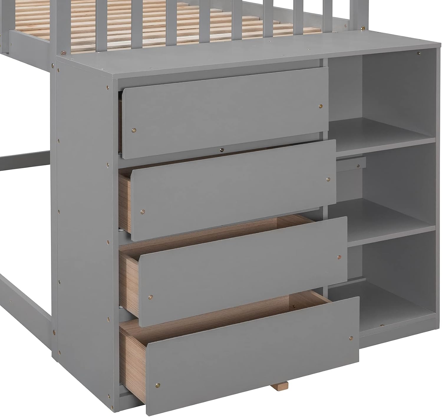 Twin-Over-Twin Size Bunk Bed, Bedroom Furniture Pine Wood Bed Frame with Storage Drawers and Open Shelves, Drawers and Shelves Set Can Be Moved, for Kids & Teens (Gray)