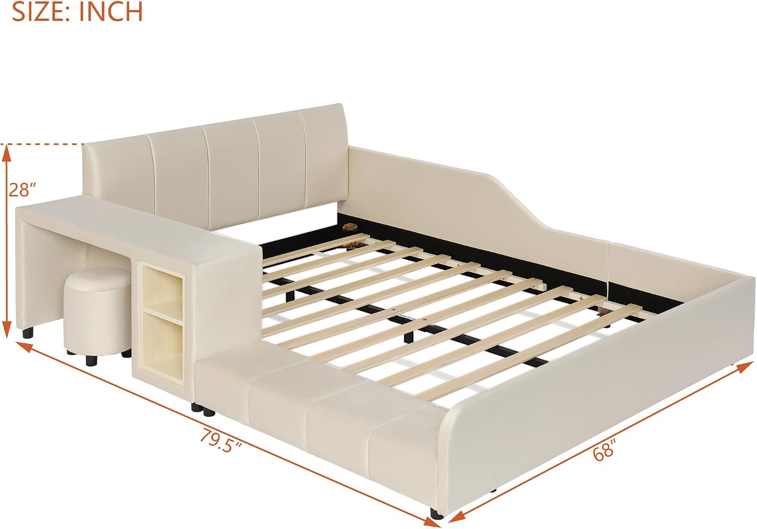 Upholstered Grounded Bed, Full Size Mother & Child Bed with Bedside Desk and Little Round Stool, Velvet Fabric, No Box Spring Needed (Beige, Full)