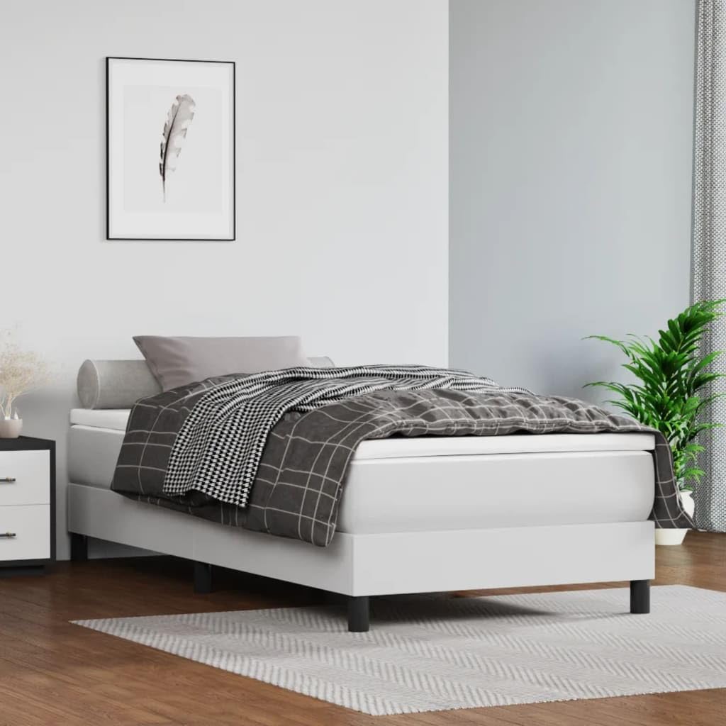 Twin Bed Frame White Faux Leather Platform Bed Frame with Plywood Slats Sturdy Supportive Legs Bedroom Furniture for Home