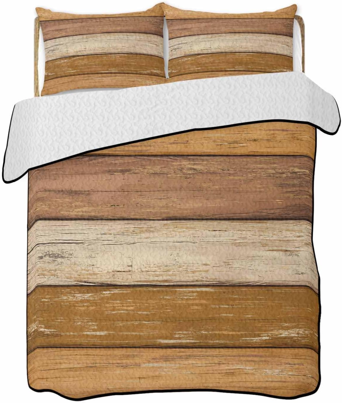 Quilt King Size Bedding Set, Farmhouse Yellow Brown Lightweight Summer Quilt 3 Pieces Bedding Sets, Vintage Wooden Striped Reversible Soft Bedspreads Coverlets with 2 Pillow Shams for All Season