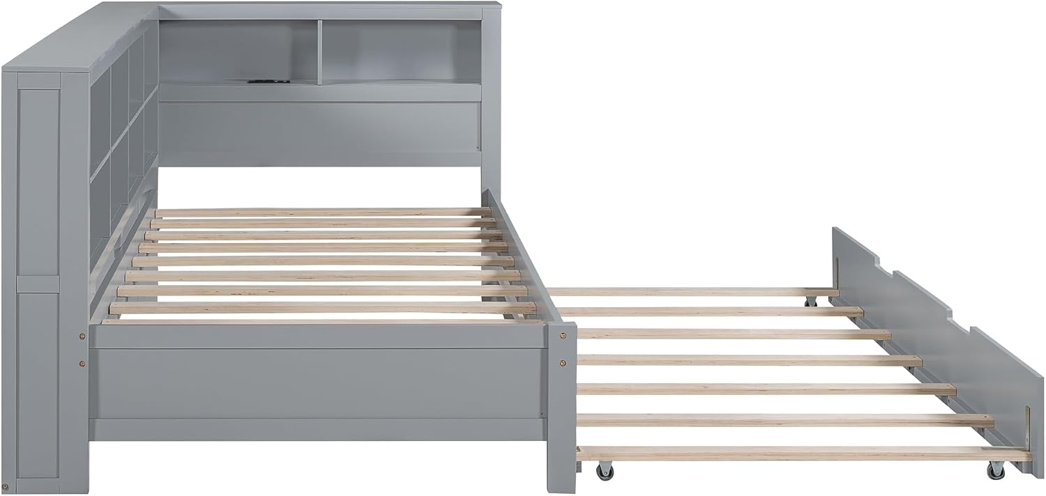 Modern Twin Size Daybed with Trundle, Solid Wood Captain Platform Bed with Storage Cabinets and USB Ports, Low Floor Bed for Kids Teens Adult Bedroom, Easy Assembly (Gray-XX115)