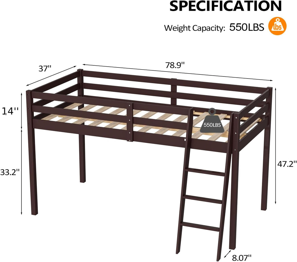 VINGLI 47'' Tall Junior Low Loft Bed with Stairs, Wood Loft Bed Twin Size for Adults, Kids and Young Teens, No Box Spring Required,Wood Slat Support, Espresso
