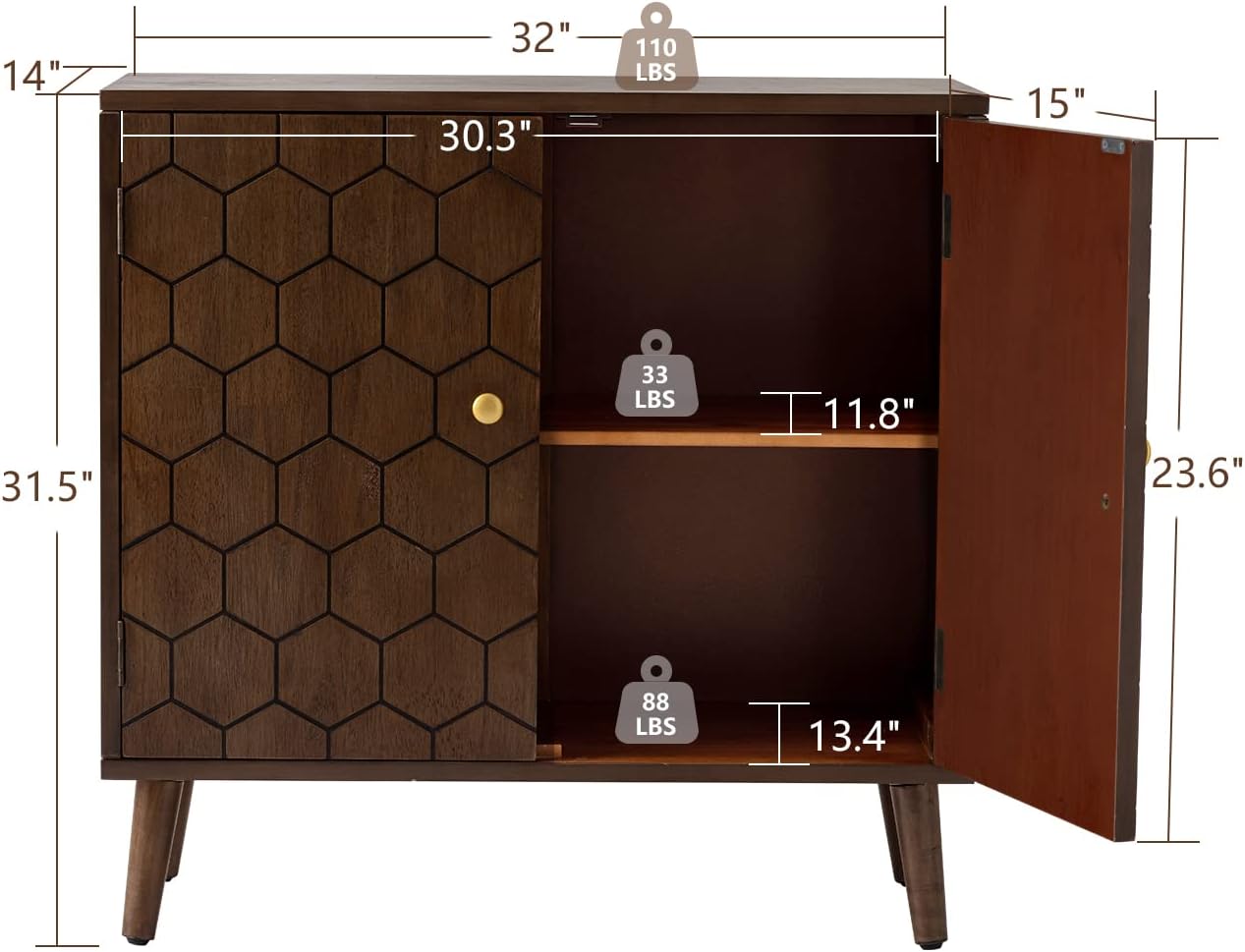 COSIEST Set of 3 32' Storage Sideboards with Doors, Accent Cabinets with Magnetic Push-to-Open Doors, Brown Honeycomb Pattern, Entryway Console for Living Room, Kitchen, Hallway