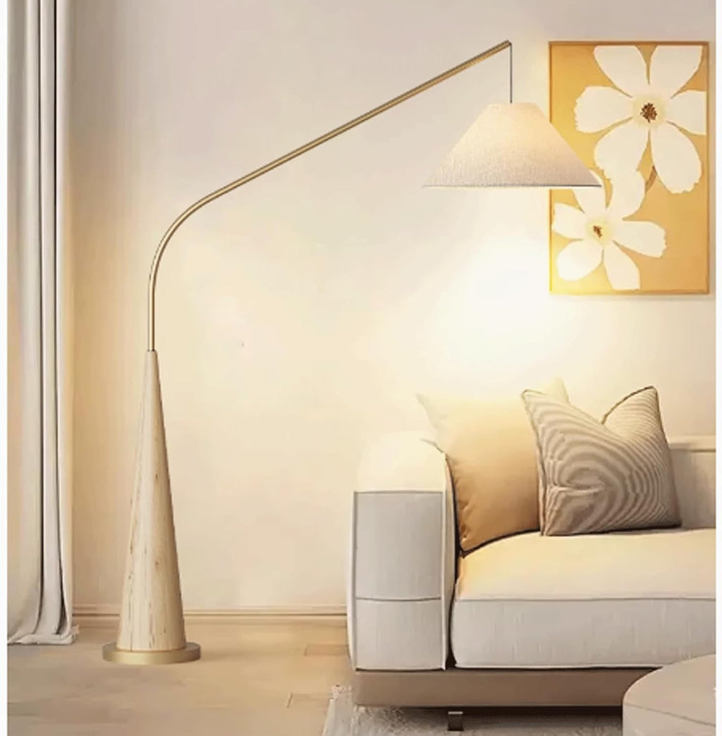 Mid Century Modern Arc Floor Lamp - Tall Standing Light with Fabric Shade for Living Room, Bedroom, Office - Stylish Arched Reading Light in Walnut Finish (Natural)
