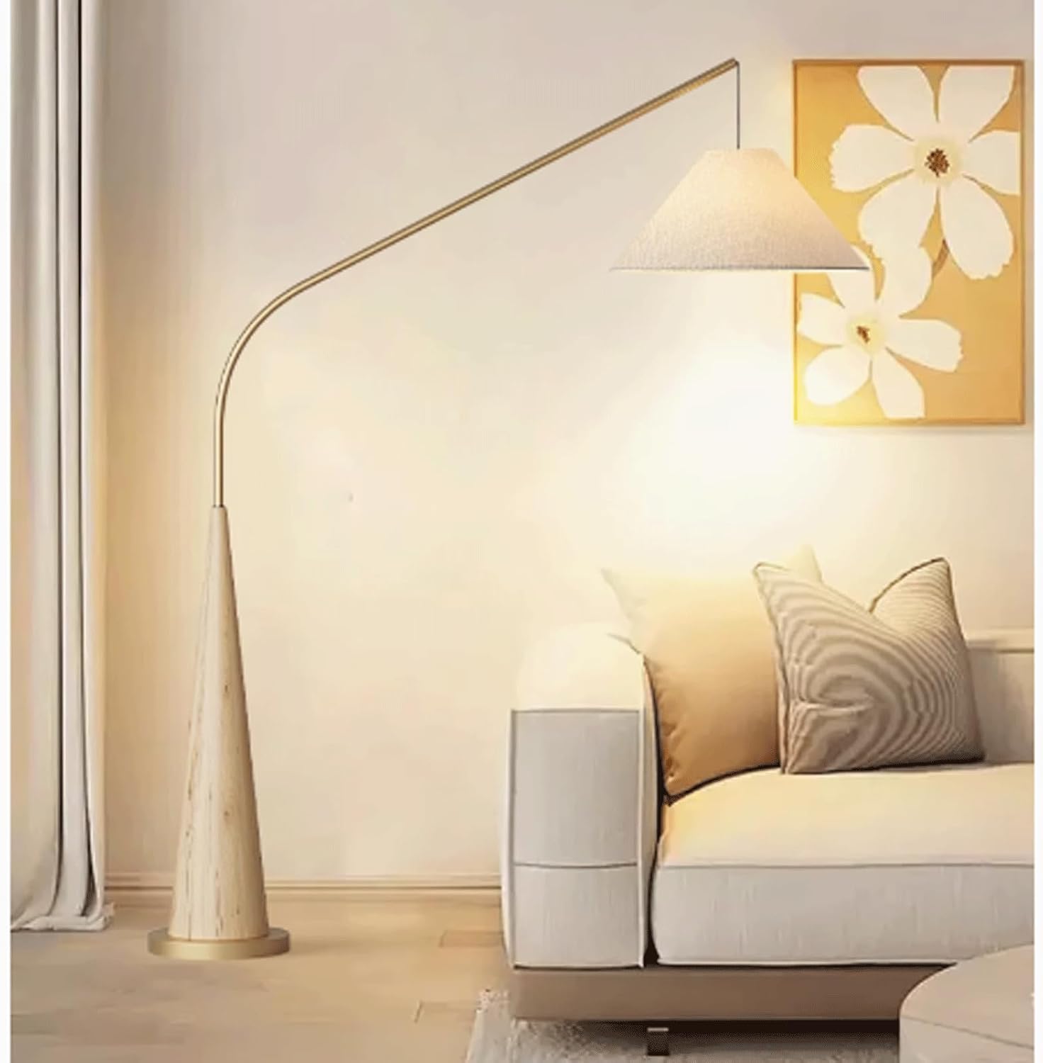 Mid Century Modern Arc Floor Lamp - Tall Standing Light with Fabric Shade for Living Room, Bedroom, Office - Stylish Arched Reading Light in Walnut Finish (Natural)