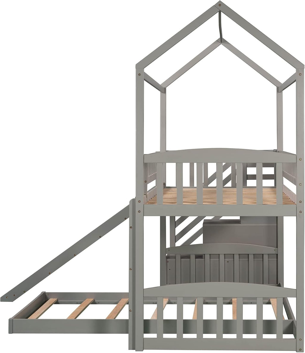 Twin Over Twin Bunk Bed for Kids Toddlers, House Bunk Bed Farm with Storage Steps and Slide Ladder Roof Guardrail for Girls/Boys, No Spring Box Required (Gray-Wood)