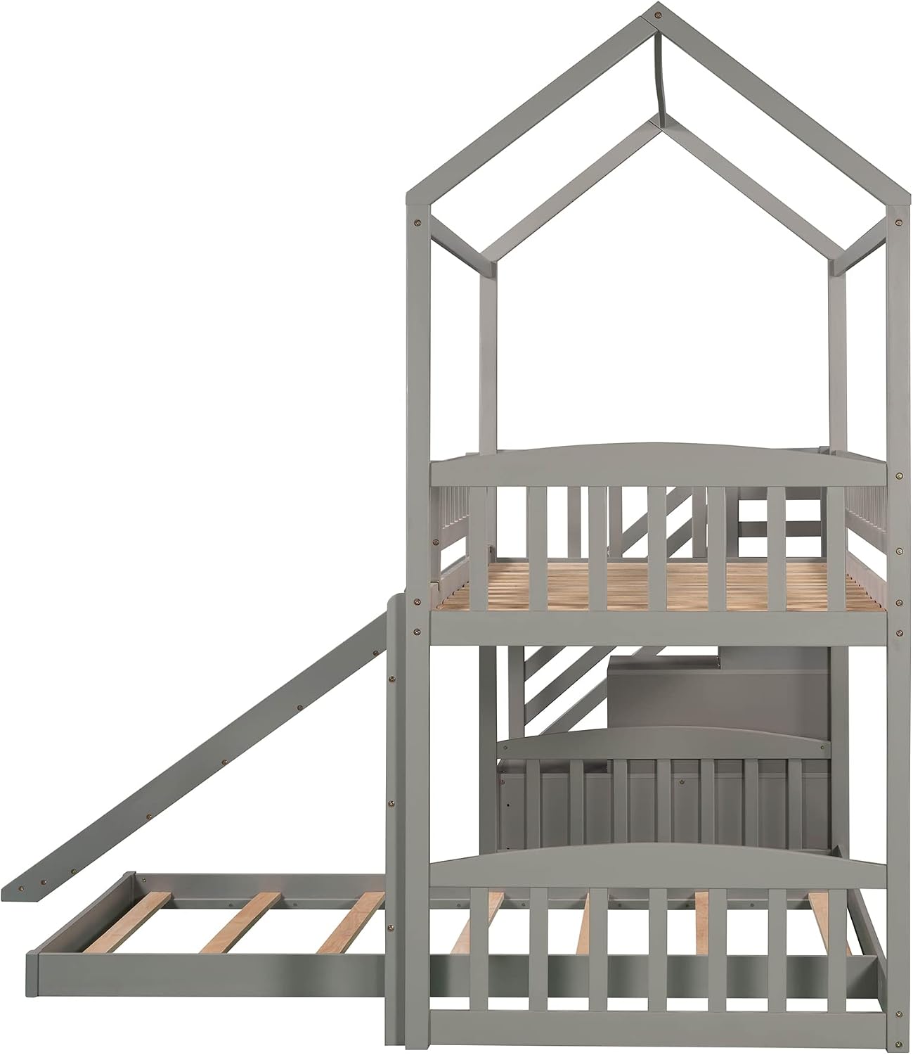 Twin Over Twin Bunk Bed for Kids Toddlers, House Bunk Bed Farm with Storage Steps and Slide Ladder Roof Guardrail for Girls/Boys, No Spring Box Required (Gray-Wood)