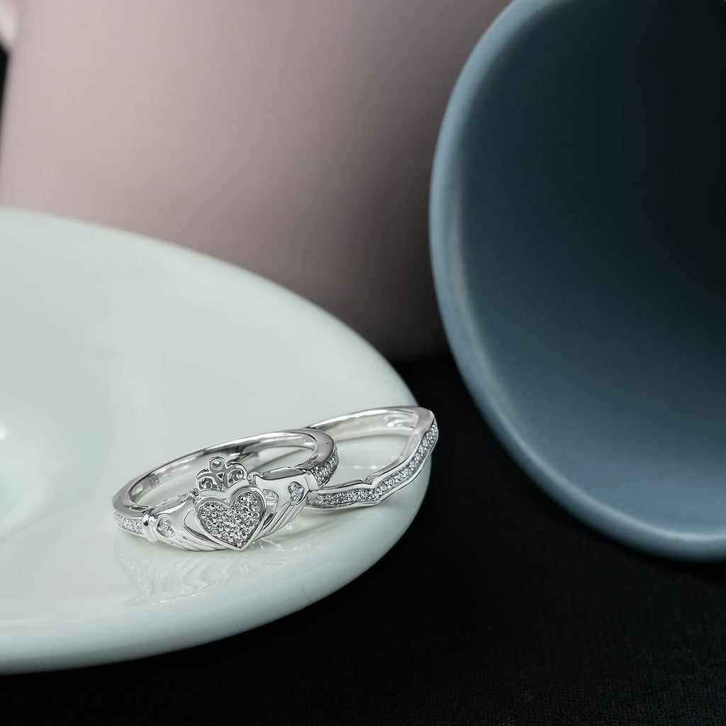 Cali Trove 1/5 Ct Natural Diamonds Wedding Sets | 925 Sterling Silver & Vermeil Irish Claddagh Rings | Crown Heart Bridal Set for Women | Engagement Rings with Matching Band | Silver Jewelry Gifts