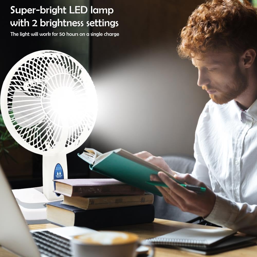 Technical Pro (Pack of 6) Adventure Series Rechargeable Desk/Wall Fan with LED Work Lamp, Adjustable Tilt Super-bright LED Lamp