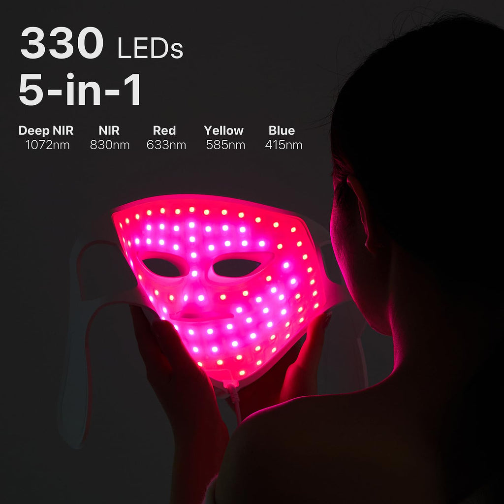 LED Light Therapy Mask for Face, Home Use Anti-Aging Skin Care Device, 330 LEDs, 5-in-1 LED Colors with Deep NIR 1072nm, NIR 830nm, Red, Yellow & Blue Light