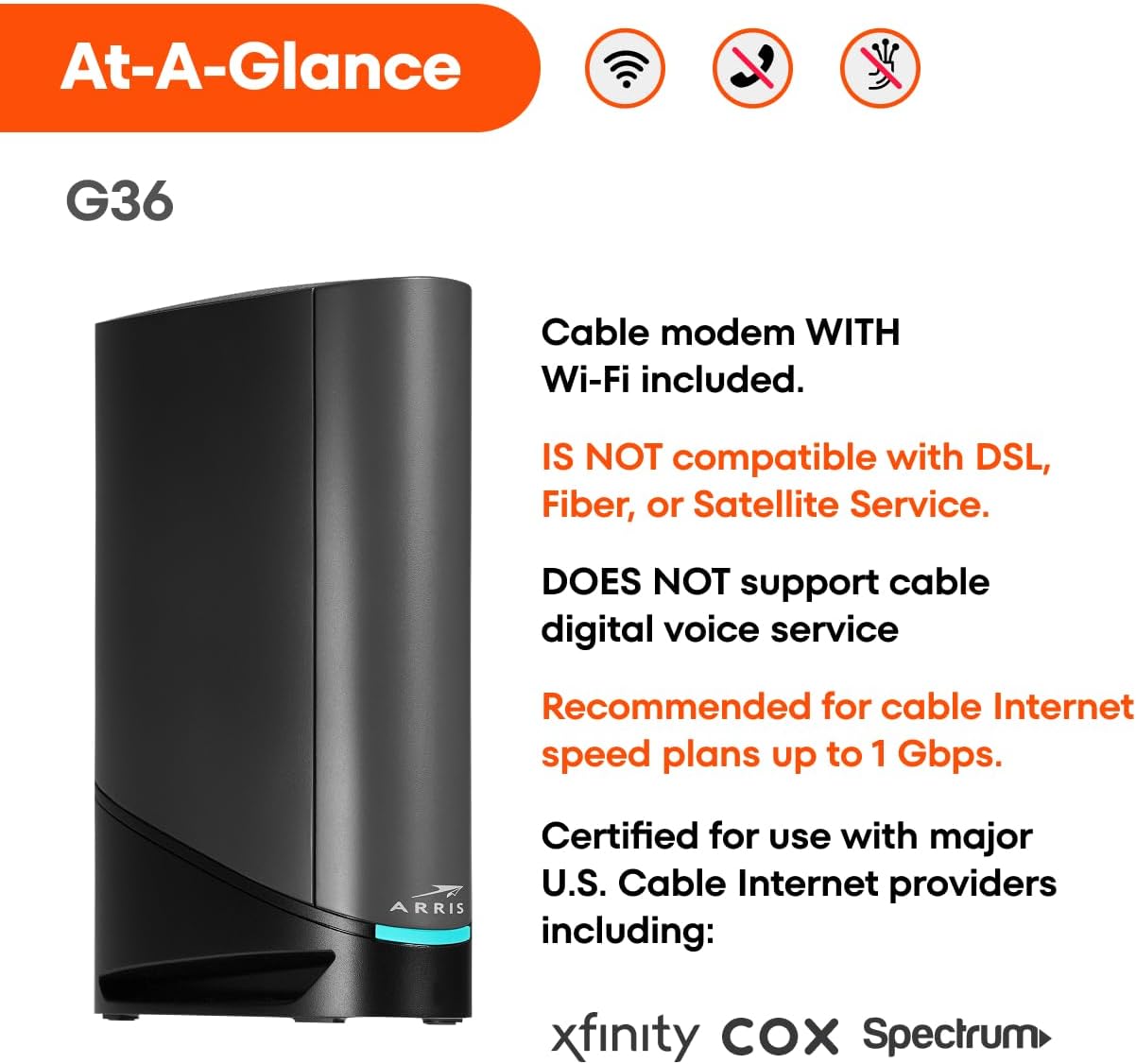 ARRIS (G36) - Cable Modem Router Combo - Fast DOCSIS 3.1 Gigabit WiFi 6 (AX3000), 1.2 Gbps Max Speeds, Approved for Comcast Xfinity, Cox, Spectrum & More [Check with your provider for compatibility]