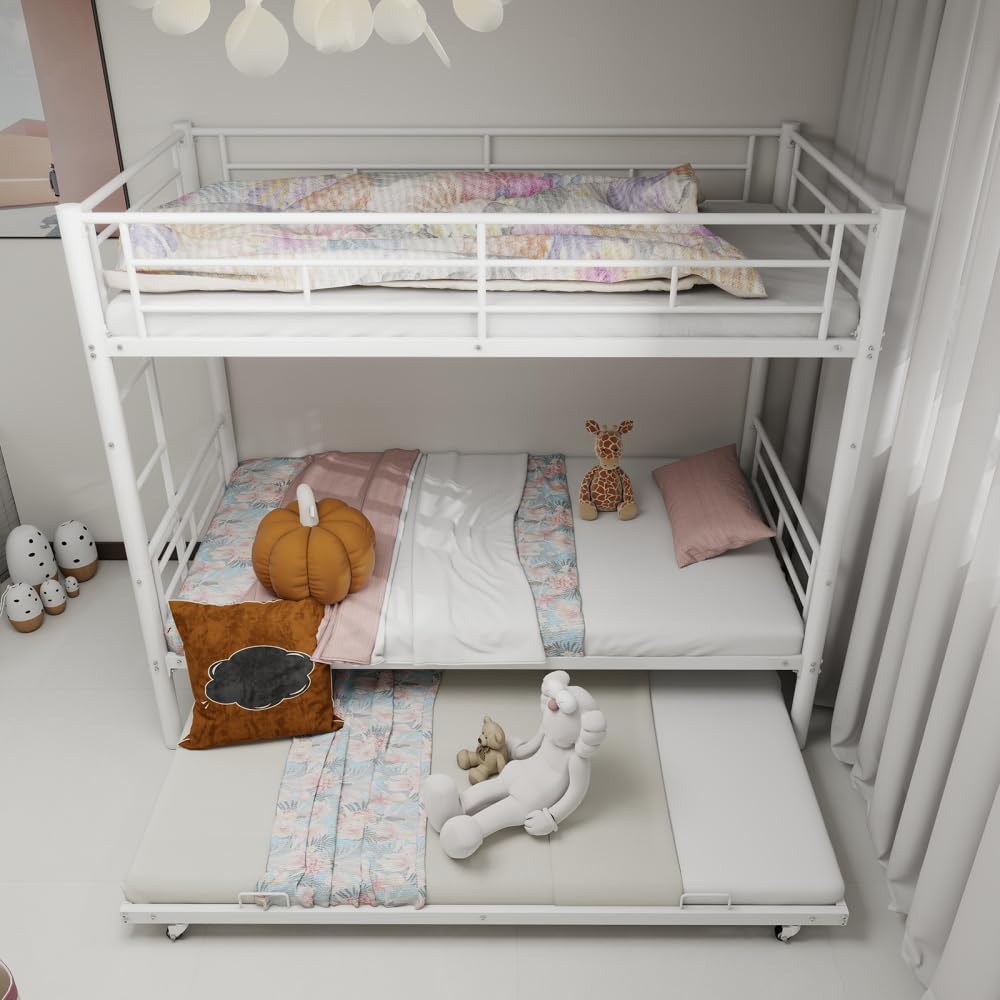 Twin Over Full Metal Bunk Bed, with Ladder & Full-Length Guardrail for Teens Adults, Noise Free (White + Metal + Twin)
